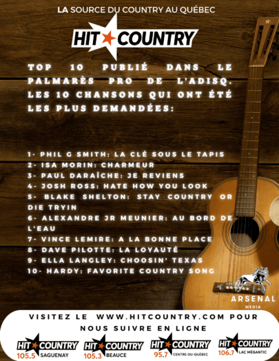 Voici le Top 10 publié dans le Palmarès Pro de l’Adisq. Les 10 chansons qui ont été les plus demandées: